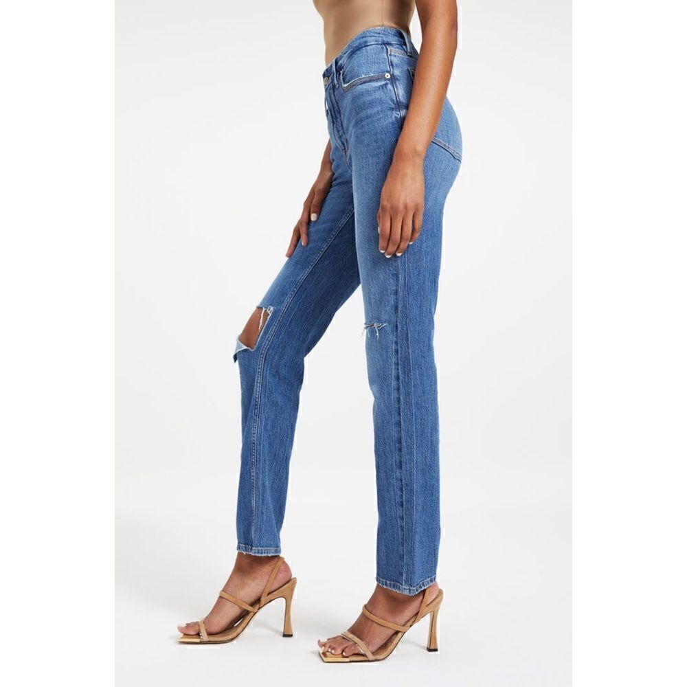 Good American Good 90s Icon Ripped Straight Leg High Rise Stretch Denim Jeans - Picture 3 of 16